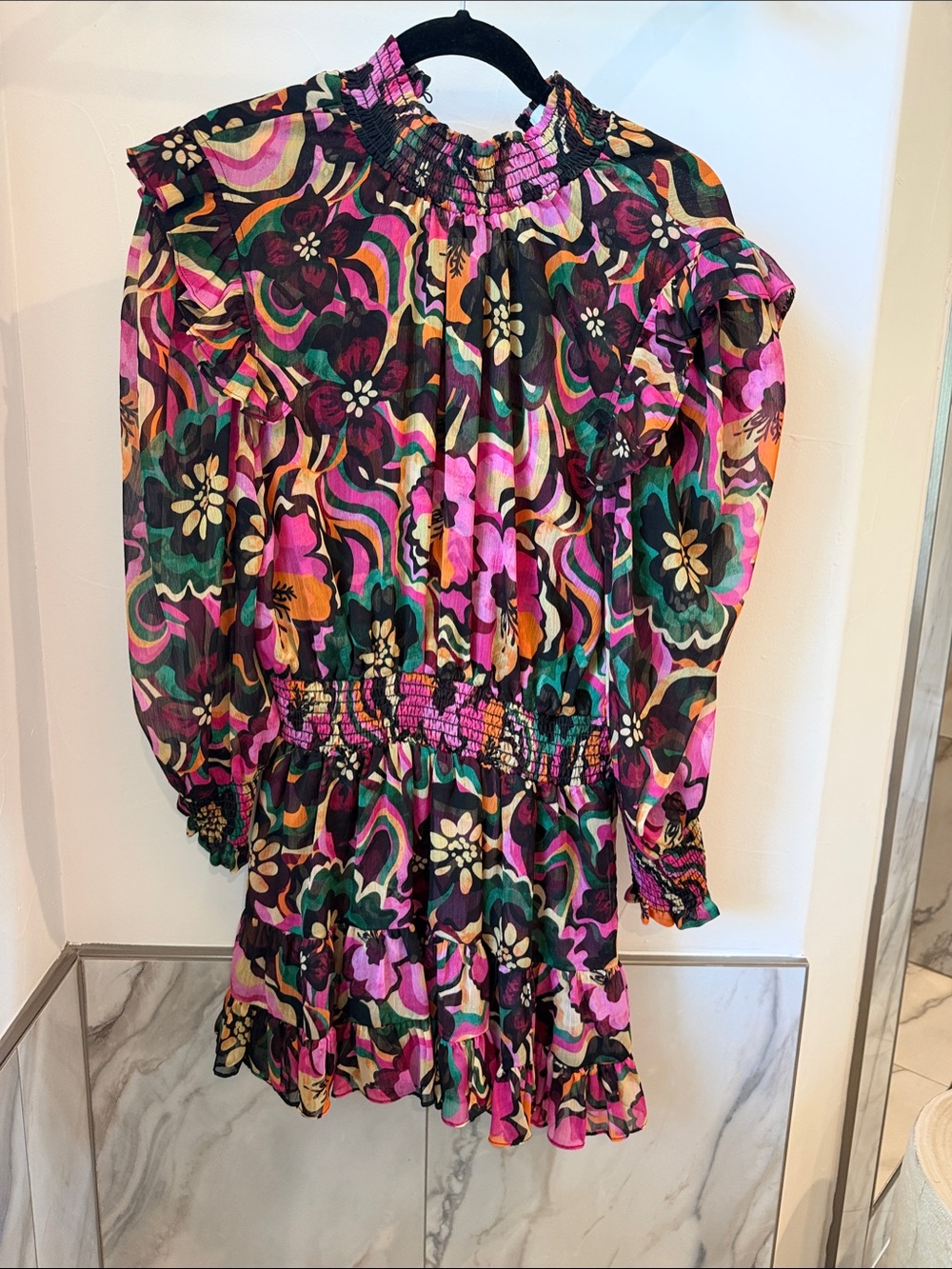 Misa Los Angeles Multicolor Floral Smocked Dress NEVER WORN Pink, Green, Orange